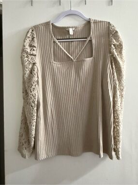 Cato Beige Ribbed Long Sleeve Top with Lace Sleeves